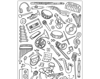 May include: A black and white printable coloring page with the text "Printable Coloring Page Music-Themed". The page features a variety of musical instruments, including a guitar, drums, a saxophone, a trumpet, a piano, a violin, a microphone, a music stand, and a music sheet. There are also musical notes and symbols throughout the page.