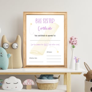 Nueva hermana mayor, certificado imprimible, regalo para hermana mayor, anuncio de bebé para hermanos, ascendido a hermana mayor