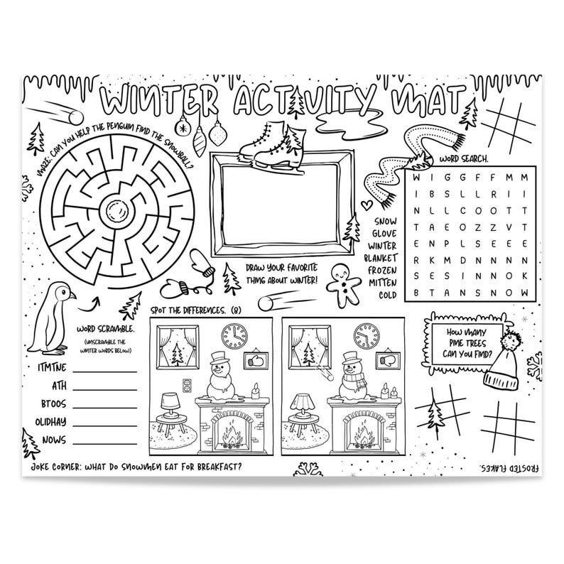 May include: Black and white winter activity mat with a maze, word search, drawing space, and spot the difference game. Includes a penguin, ice skates, and snowman illustrations. Text includes "Winter Activity Mat".