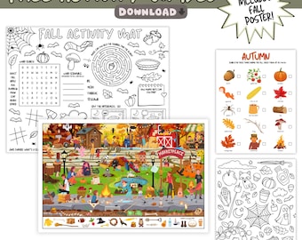 Fall Activity Bundle, Printable Fall Games For Kids, Autumn Activity Mat, Scavenger Hunt, Coloring Page, Search & Find Poster