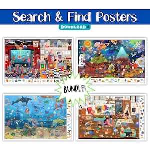 May include: A set of four printable "Search & Find" posters. The posters feature a variety of scenes, including a cinema, an underwater scene, a space scene, and a living room. Each poster includes a list of items to find.