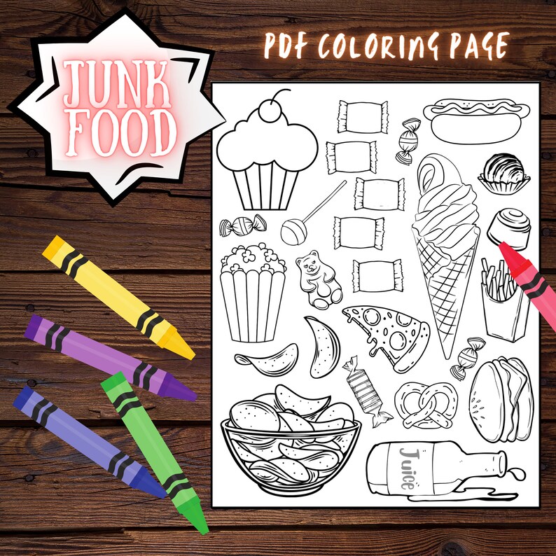 Junk Food Coloring Page, Printable Food Coloring Page for Kids - Etsy