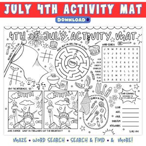 May include: A black and white printable July 4th activity mat featuring a maze, word search, word scramble, and spot the differences game. The sheet includes illustrations of the U.S. flag, a grill, a hot dog, the Statue of Liberty, and fireworks.