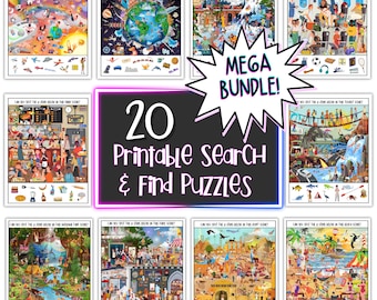 Zoek en vind megabundel, 20 afdrukbare puzzels voor kinderen, I Spy-spellen