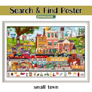 Peut inclure: Une illustration colorée d'une petite ville avec de nombreux bâtiments, des personnes et des objets à trouver. L'image est un poster de recherche et de découverte avec le texte "petite ville" en bas.