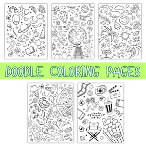 5 Doodle Coloring Pages for Kids - Adventure, Junk Food, Beach, Fairy-tale & Movie Themes, Fun Instant Download Art