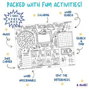 May include: A black and white winter activity mat with various games, including a maze, word search, and spot the differences. The mat is available in two sizes: 11 x 8.5 inches and 14 x 11 inches. Includes coloring and word unscramble activities.