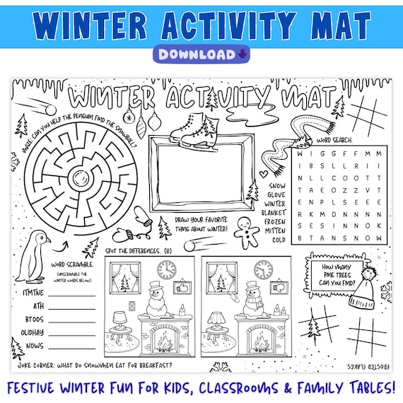 Winter Activity Placemat For Kids, Printable Maze, Word Search, Word Scramble, Spot the Difference & Coloring Mat, Fun Winter Printable
