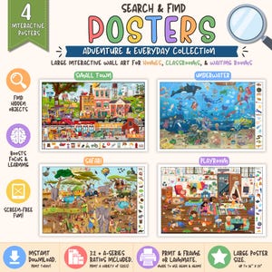 Może przedstawiać: Zestaw czterech interaktywnych plakatów typu znajdź i wyszukaj pod tytułem Adventure & Everyday Collection. Plakaty przedstawiają szczegółowe sceny o nazwach Small Town, Underwater, Safari i Playroom, zawierające ukryte obiekty do odnalezienia.