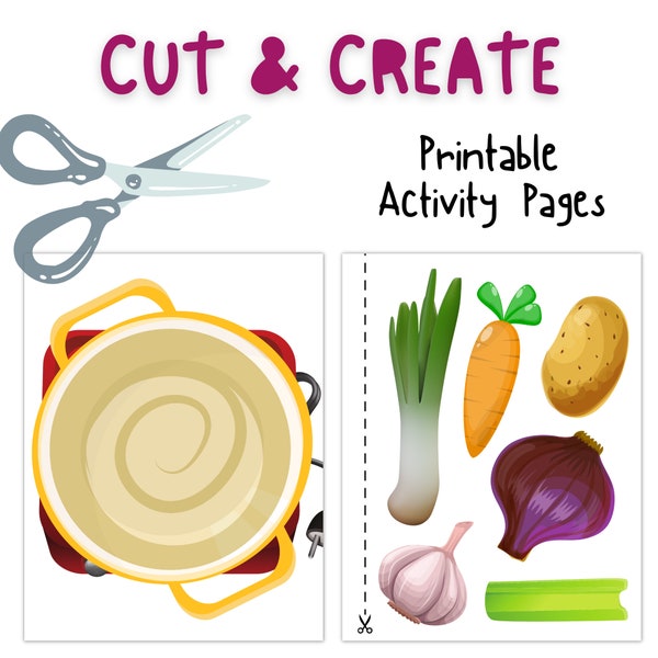 Printable Food Assembly Kit, Veggie Soup Cut And Create, Printable Crafts For Kids