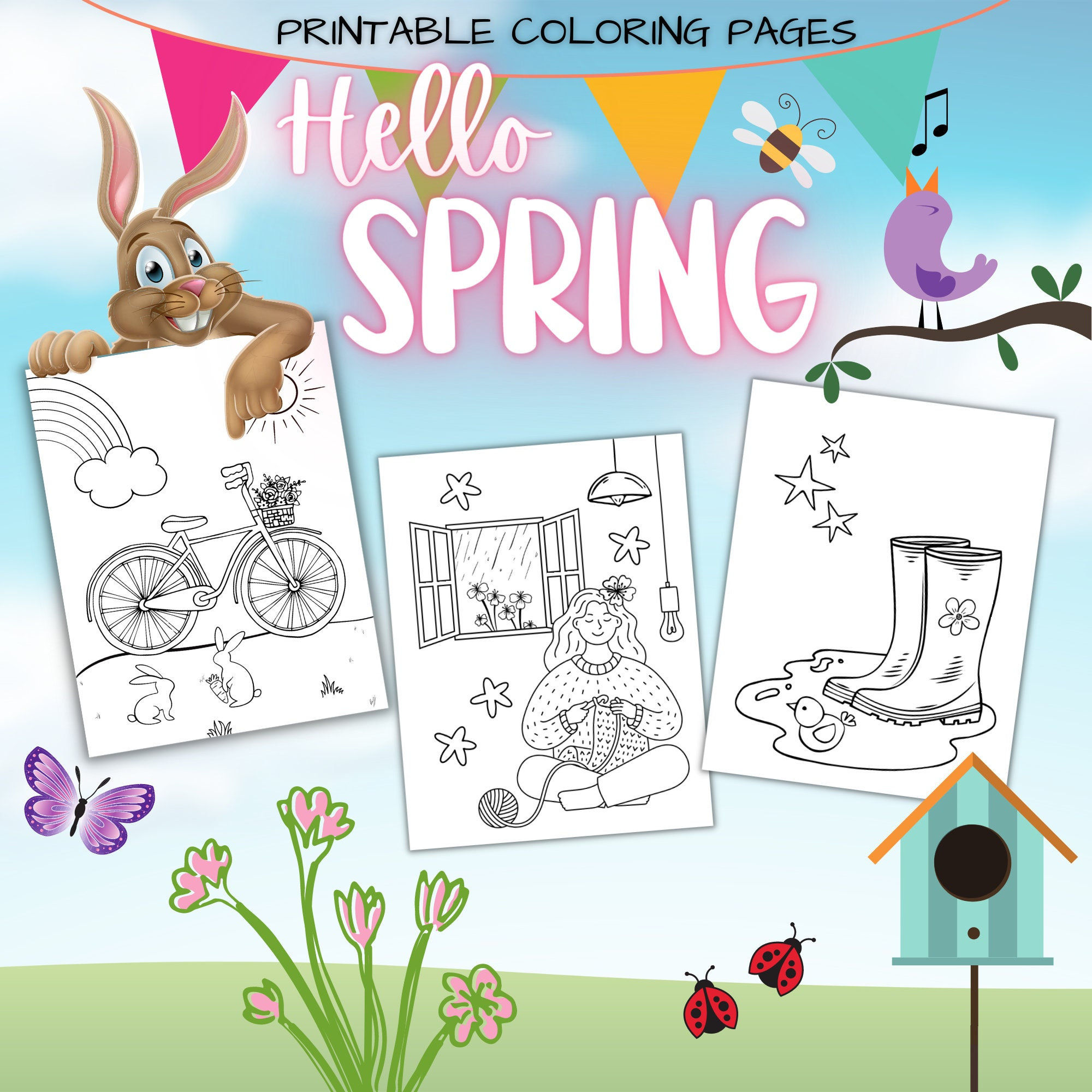 Printable Spring Coloring Pages, 32 Hello Spring Coloring Pages - Etsy
