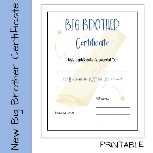 Printable Big Brother Certificate, Promoted To Big Brother Instant Download