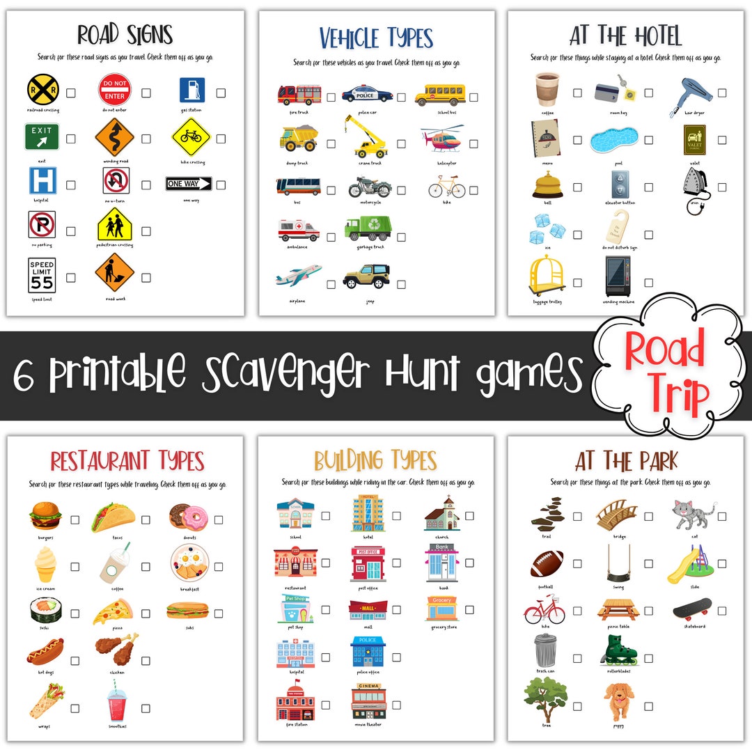 Road Trip Games for Kids, 6 Printable Scavenger Hunts, Kids Travel Games - Etsy