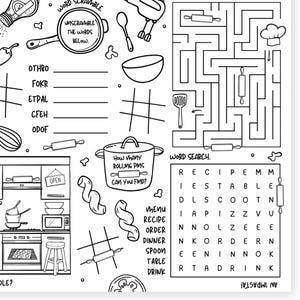 May include: Black and white line art activity sheet with cooking-themed puzzles. Includes a word scramble, maze, word search, and a kitchen scene with various cooking utensils and food items. Text includes "Unscramble the words below" and "How many rolling pins can you find?"