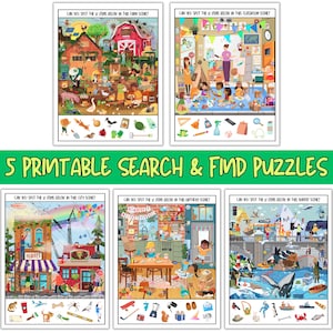 Search & Find Printable Puzzles For Kids, 5 Hidden Picture Games, Fun Classroom, Homeschool, Travel And Rainy Day Activity, Instant download