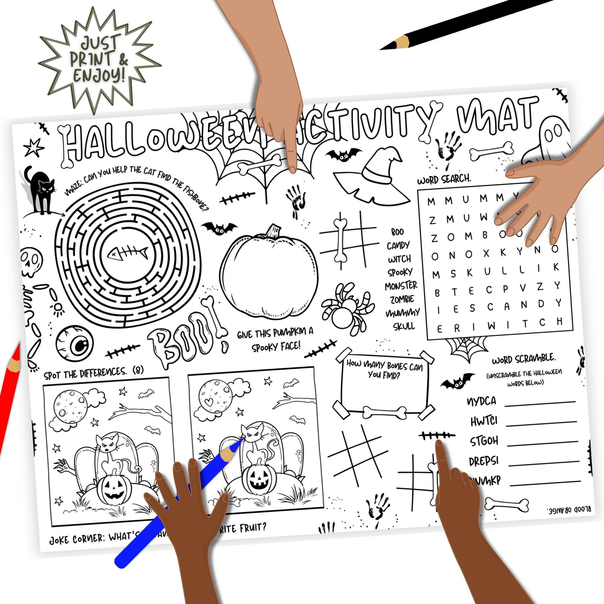 Halloween Activity Placemat Printable PDF for Kids, Fun Halloween Games ...