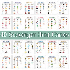 May include: A set of 40 printable scavenger hunt games for children. Each game features a different theme, such as grocery store, birthday party, building tours, at the airport, happy new year, around the house, Valentine's Day, at school, at the park, at the mall, farmers market, amusement park, in the backyard, nature walk, at the hotel, summertime, restaurant types, wedding day, beach day, at the zoo, neighbourhood, in the kitchen, vehicle types, and at the farm.