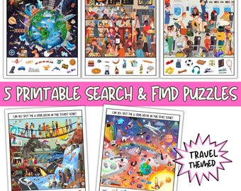 Printable Travel Search & Find Games, Hidden Picture Puzzles For Kids, Seek And Find Activities, Instant Download PDF Set