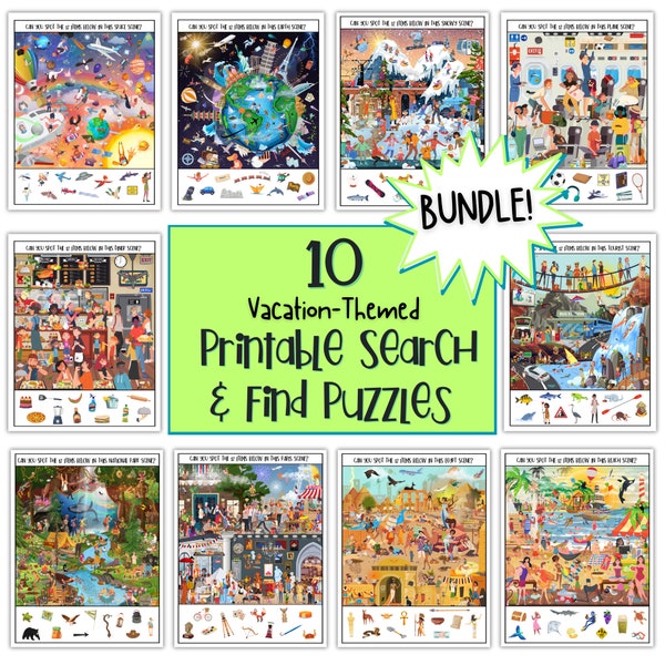 Search & Find Bundle, Printable Puzzles For Kids, Vacation Themed I Spy Games