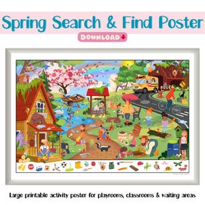 Può includere: Un poster incorniciato e colorato "Spring Search & Find Poster" con un'illustrazione dettagliata di una scena primaverile. Il poster presenta una casa, uno stagno, un autobus scolastico e vari oggetti nascosti. Il testo include "Spring Search & Find Poster" e "Download".