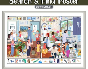 Doctors Office Themed Search And Find Poster, Fun Pediatrician Waiting Room Activity, Printable Kids Entertainment, Instant Download