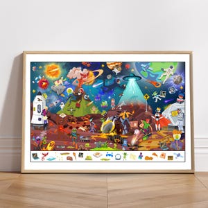 Utskrivbar poster med rymdtema, sök- och finnaktivitet för barn för klassrum och lekrum, kosmisk väggkonst