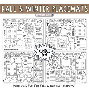 May include: A set of four black and white activity mats for autumn and winter holidays. Each mat includes mazes, word searches, and drawing prompts. The mats are labelled "Fall Activity Mat", "Halloween Activity Mat", "Thanksgiving Activity", and "Winter Activity Mat". The text "Bundle Deal!" is also visible.