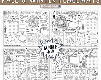 May include: A bundle of four black and white activity mats for fall and winter holidays. Each mat features mazes, word searches, and drawing prompts. The mats are titled "Fall Activity Mat", "Halloween Activity Mat", "Thanksgiving Activity", and "Winter Activity Mat". The text "Bundle Deal!" is also visible.