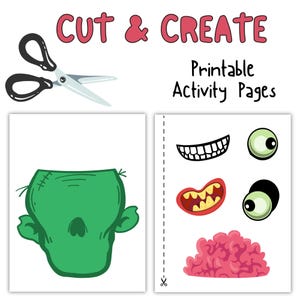 May include: Printable cut and create activity pages for kids.  The pages feature a green zombie head and a separate page with a mouth, eyes, and brain to cut out and glue on.