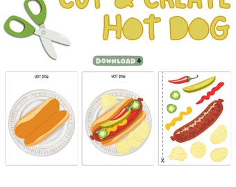 May include: A printable hot dog craft for kids, featuring illustrations of hot dogs, toppings, and scissors. The text "CUT & CREATE HOT DOG" is displayed in yellow, along with the words "DOWNLOAD" and "PRINTABLE HOT DOG CRAFT FOR KIDS!"