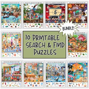 Search & Find Printable Puzzles For Kids Bundle, 10 Hidden Picture Activity Pages, Classroom Games, Travel And Homeschool Worksheets