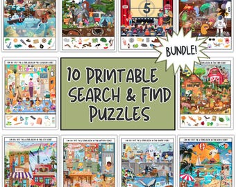 Search & Find Printable Puzzles For Kids Bundle, 10 Hidden Picture Activity Pages, Classroom Games, Travel And Homeschool Worksheets