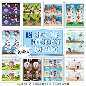 Peut inclure: Un ensemble de 18 puzzles "Trouvez les différences". Chaque puzzle présente des illustrations colorées sur des thèmes tels que l'espace, la nature et le sport. Le texte "18 Spot the Difference Puzzles Bundle" est affiché dans un cadre bleu. Le texte du bas indique "Screen-Free Fun for Home & On The Go, Instant Download."