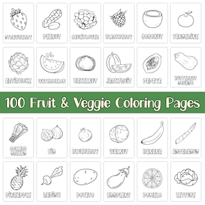 May include: Black and white line art illustrations of 100 fruits and vegetables, including strawberry, peanut, cauliflower, blackberry, coconut, tangerine, artichoke, watermelon, hazelnut, jackfruit, papaya, butternut squash, collard greens, fig, blueberry, walnut, banana, asparagus, pineapple, radish, potato, eggplant, pomelo, and lettuce.