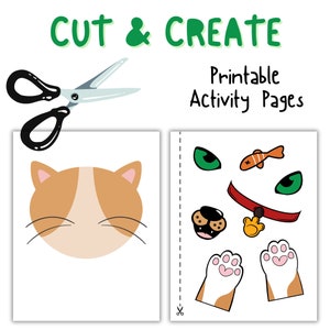 May include: Printable activity pages for kids featuring a cat face to cut out and pieces to glue on, including eyes, a fish, a collar, a paw print, and a bell. The text "CUT & CREATE" and "Printable Activity Pages" is included in the image.