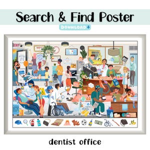 Póster divertido de búsqueda dental, actividad imprimible para niños y adultos, decoración para consultorio dental, descarga digital