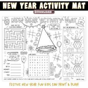 Pode incluir: Tapete de atividades de Ano Novo em preto e branco com labirintos, caça-palavras e outros jogos. Inclui um design de chapéu de festa e o texto "New Year Activity Mat". Projetado para crianças.