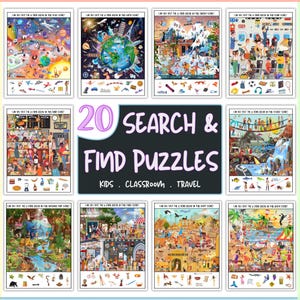 May include: A set of 20 Search & Find puzzles for children, classrooms, and travel. Each puzzle presents a detailed, colourful scene with hidden objects. The puzzles cover themes such as space, earth, snowy scenes, and more. The puzzles are designed to challenge and entertain.