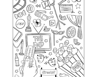 Printable Movie Themed Coloring Page, Fun Doodle Art for Film Lovers, Movie Night Coloring Page