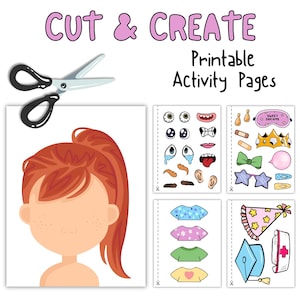May include: Printable activity pages for kids featuring a girl's face with blank features to be decorated with cut-out elements. The cut-out elements include eyes, mouths, noses, ears, hair accessories, clothing, and hats.