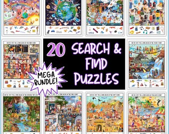 Chercher et trouver des puzzles imprimables, des images cachées, des jeux de chercher et trouver pour les enfants, la salle de classe, les voyages, la fête, les jours de pluie, j'espionne, téléchargement immédiat