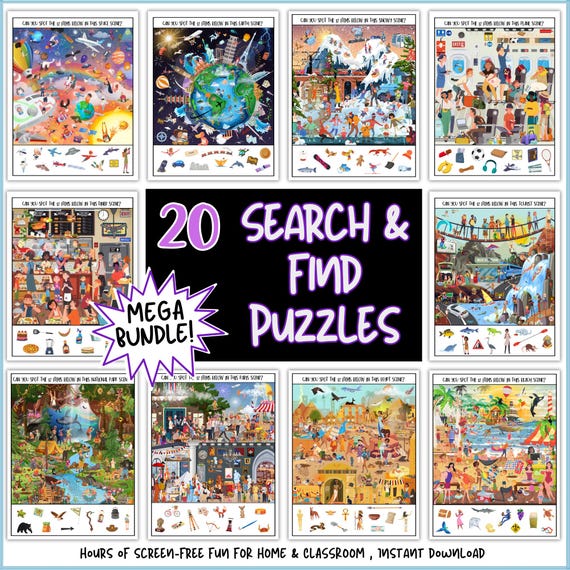 Search & Find Printable Puzzles, Hidden Pictures, Seek And Find Games For Kids, Classroom, Travel, Party, Rainy Day, I Spy, Instant Download