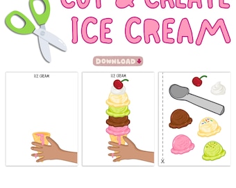 Lavoretto di creazione e taglio del gelato, attività stampabile con cono gelato per bambini, lavoretto estivo con cibo, gioco di finzione con cibo, PDF da ritagliare e incollare