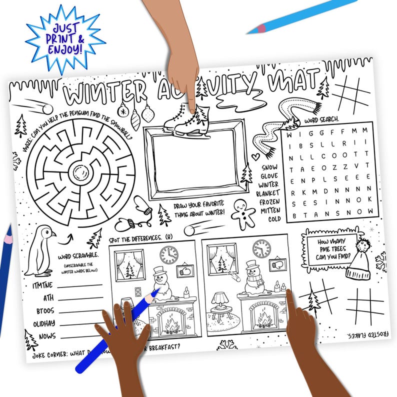 May include: A black and white winter activity mat with a maze, word search, and drawing area. Includes a word scramble and spot-the-difference game. The mat features winter-themed illustrations and the text "Winter Activity Mat".