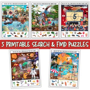 Search & Find Printable Puzzles For Kids, 5 Hidden Picture Games, Classroom, Homeschool, Rainy Day, Travel Activity Sheets, Instant Download