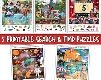 Search & Find Printable Puzzles For Kids, 5 Hidden Picture Games, Classroom, Homeschool, Rainy Day, Travel Activity Sheets, Instant Download