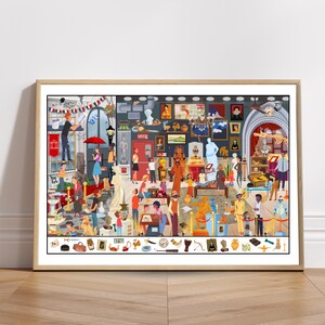 May include: A colorful illustration of a museum with many people and objects. The museum has a variety of exhibits, including a dinosaur skeleton, a statue of a woman, and a collection of paintings. There are also many people in the museum, including a man in a red shirt, a woman in a blue dress, and a child in a yellow shirt. The museum is a fun and exciting place to visit.