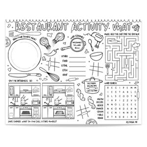 May include: Black and white restaurant activity placemat with various games and puzzles. Includes a maze, word scramble, spot the differences, and a word search. Features illustrations of kitchen tools and food.