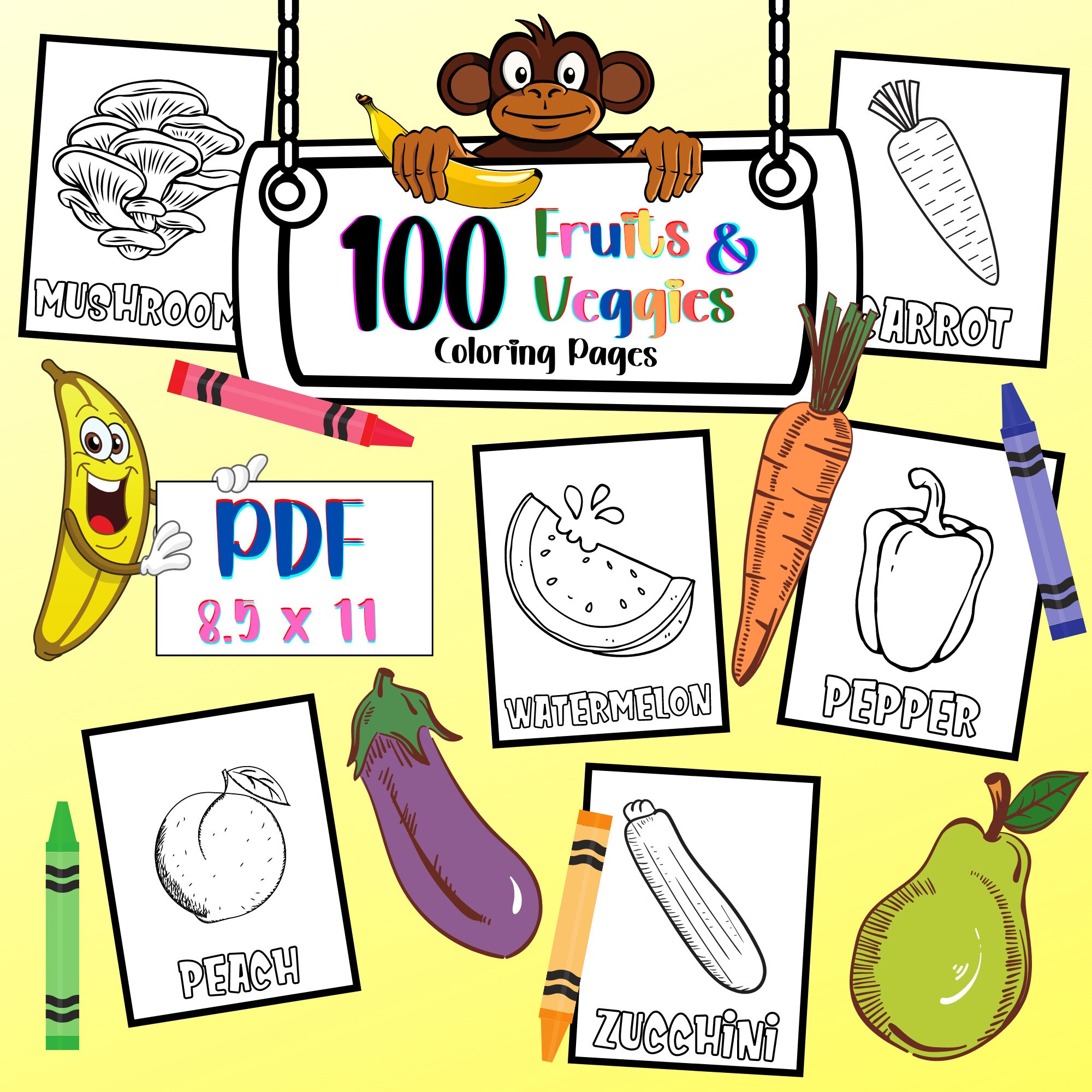 fruits and vegetables coloring pages for toddlers 100 etsy