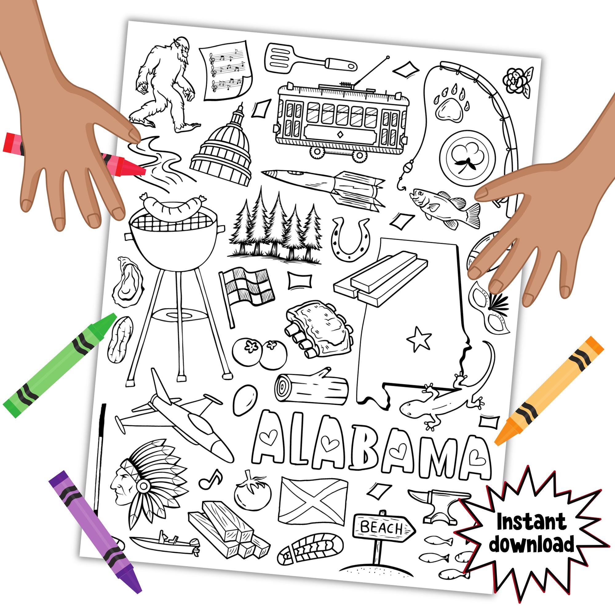 Alabama Doodle Coloring Page, Whimsical Printable Designs for ...